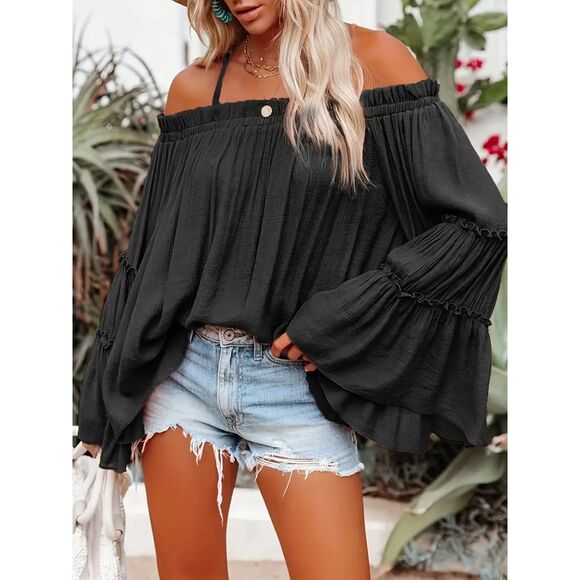 Ruched Spaghetti Strap Blouse Cold Shoulder Blouse Black Size 14 - Picture 10 of 10